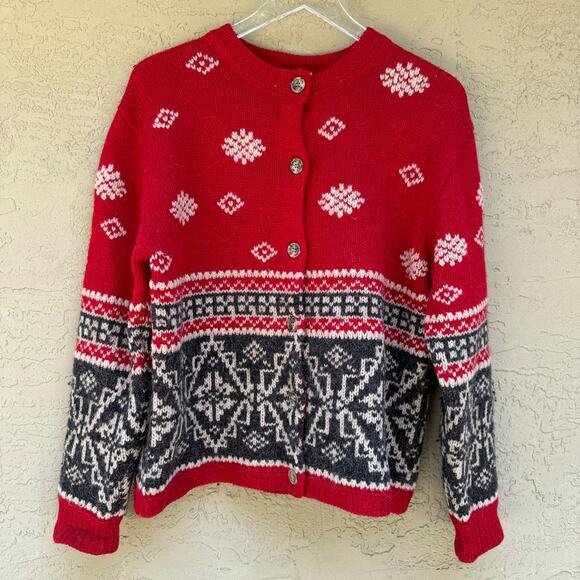 Eddie Bauer Sweater Cardigan Wool Alpaca Vintage Medium Red Heavy Warm Fair Isle - Picture 1 of 7